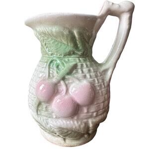 Vintage Ceramic Pitcher Cherries‎ Fruit Majolica Painted Pink Green Cream
